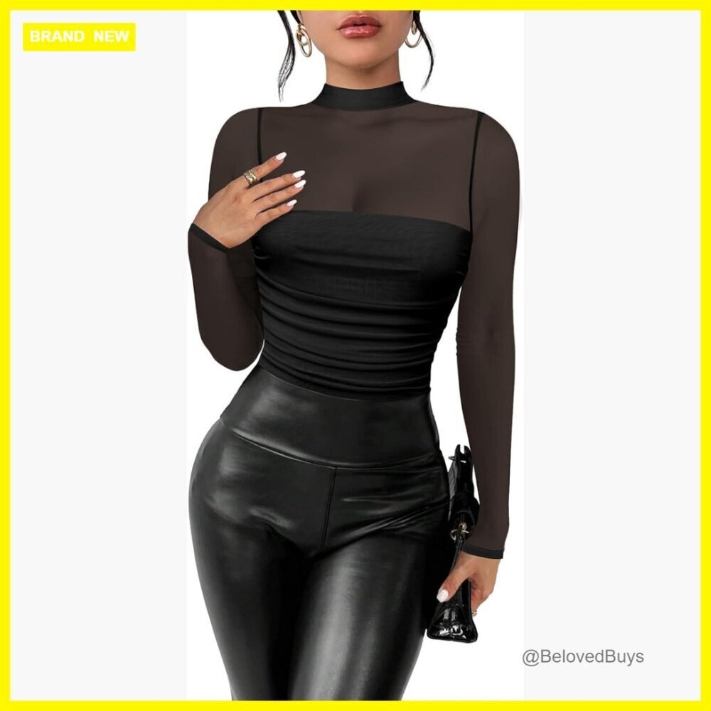 Mock Neck Long Sleeve Mesh Bodysuit, Ruched Sheer Top, Snap Closure
